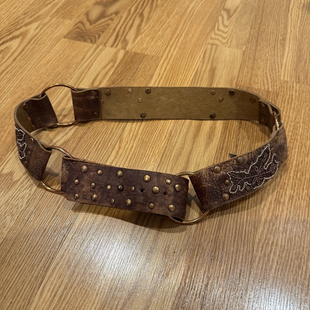 Betsey Johnson Brown Studded Beaded Leather Belt with Embroidery sz Medium
